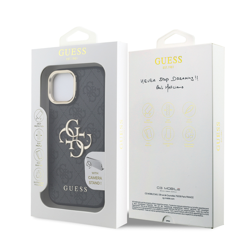 Apple iPhone 15 Kılıf Guess Orjinal Lisanslı PU Deri 4G Desenli Metal Büyük 4G ve Yazı Logolu Kamera Standlı Kapak - 12