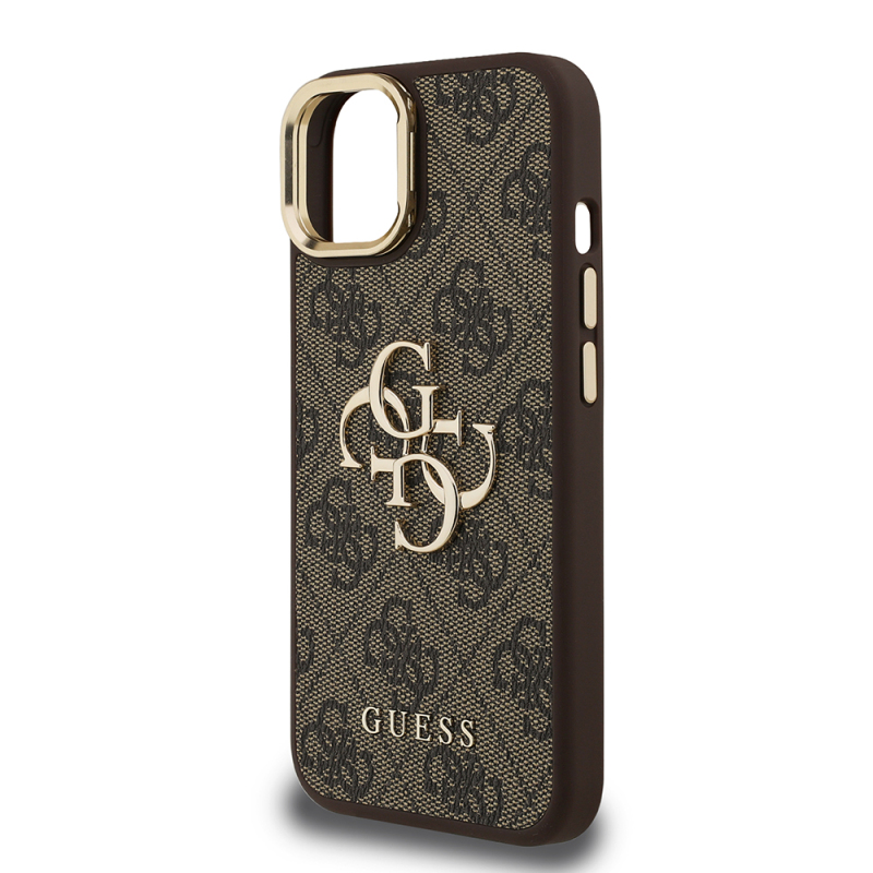 Apple iPhone 15 Kılıf Guess Orjinal Lisanslı PU Deri 4G Desenli Metal Büyük 4G ve Yazı Logolu Kamera Standlı Kapak - 31