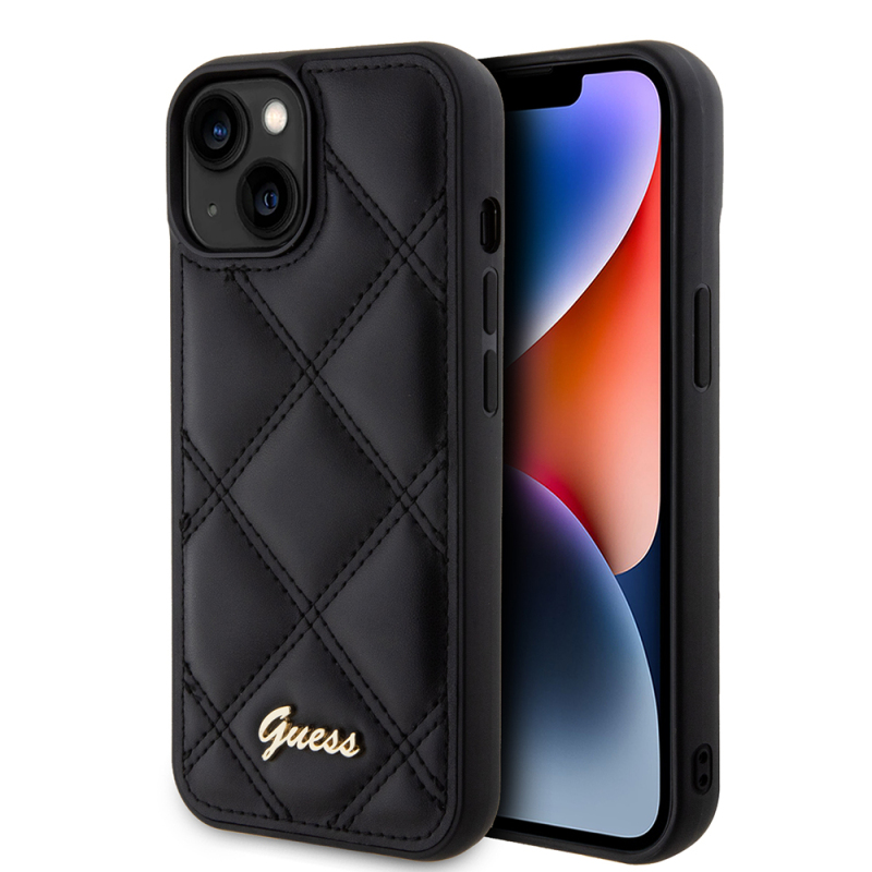 Apple iPhone 15 Kılıf Guess Orjinal Lisanslı PU Deri Metal Yazı Logolu Kapitone Kapak - 1