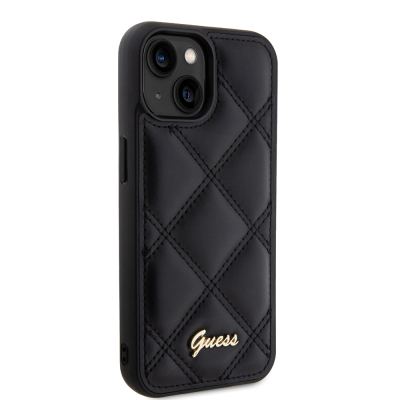 Apple iPhone 15 Kılıf Guess Orjinal Lisanslı PU Deri Metal Yazı Logolu Kapitone Kapak - 5