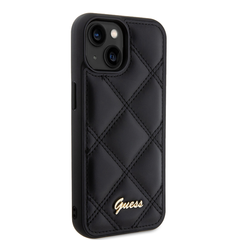 Apple iPhone 15 Kılıf Guess Orjinal Lisanslı PU Deri Metal Yazı Logolu Kapitone Kapak - 5