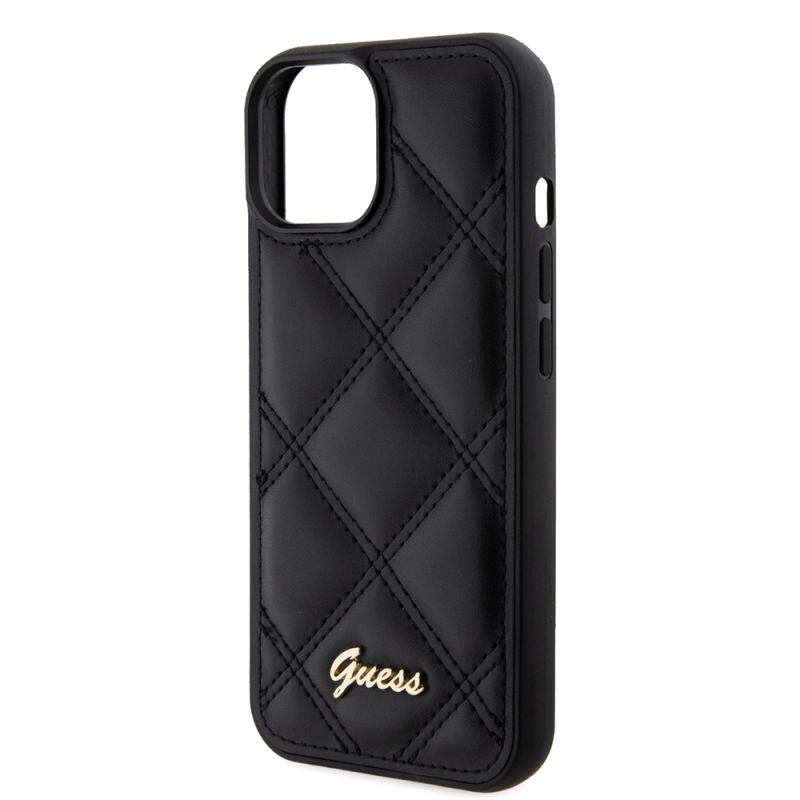 Apple iPhone 15 Kılıf Guess Orjinal Lisanslı PU Deri Metal Yazı Logolu Kapitone Kapak - 7
