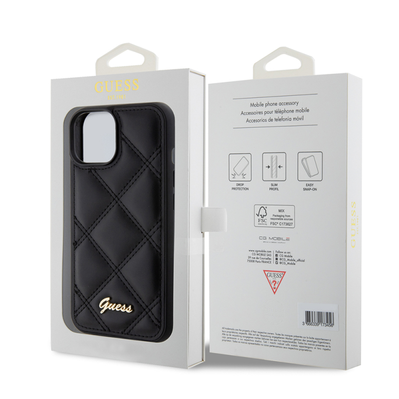 Apple iPhone 15 Kılıf Guess Orjinal Lisanslı PU Deri Metal Yazı Logolu Kapitone Kapak - 9