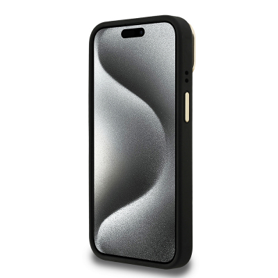 Apple iPhone 15 Kılıf Guess Orjinal Lisanslı PU Deri Taşlı Üçgen Logo 4G Desenli Kamera Standlı Kapak - 6