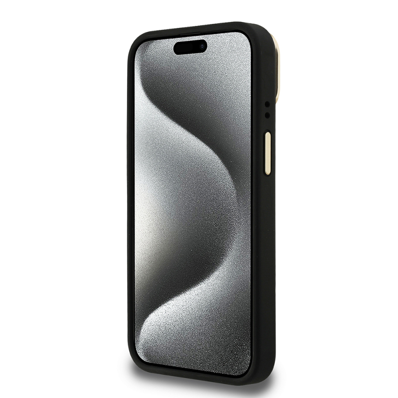 Apple iPhone 15 Kılıf Guess Orjinal Lisanslı PU Deri Taşlı Üçgen Logo 4G Desenli Kamera Standlı Kapak - 6