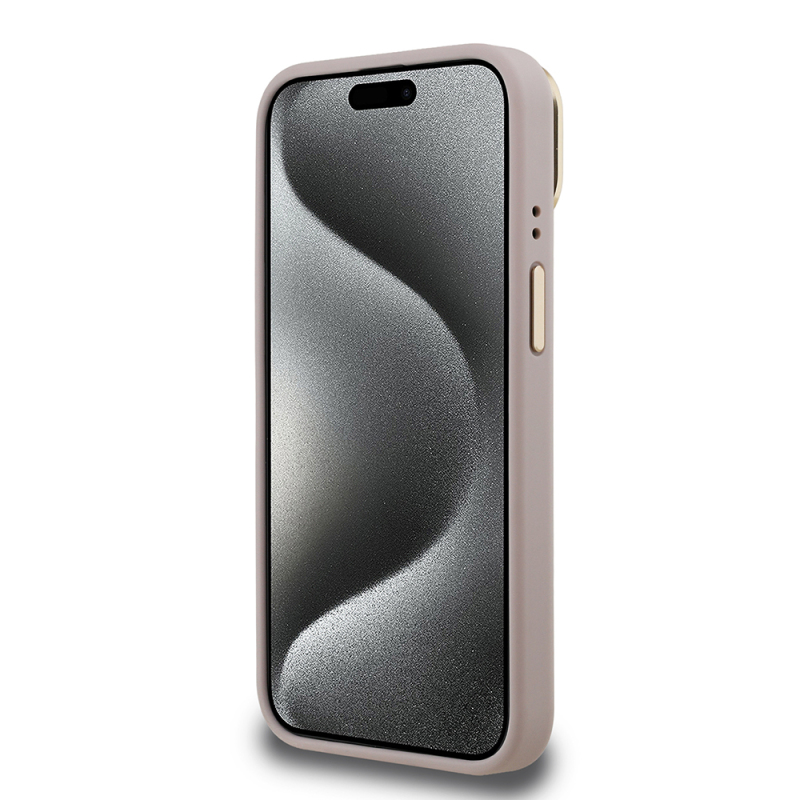 Apple iPhone 15 Kılıf Guess Orjinal Lisanslı PU Deri Taşlı Üçgen Logo 4G Desenli Kamera Standlı Kapak - 15