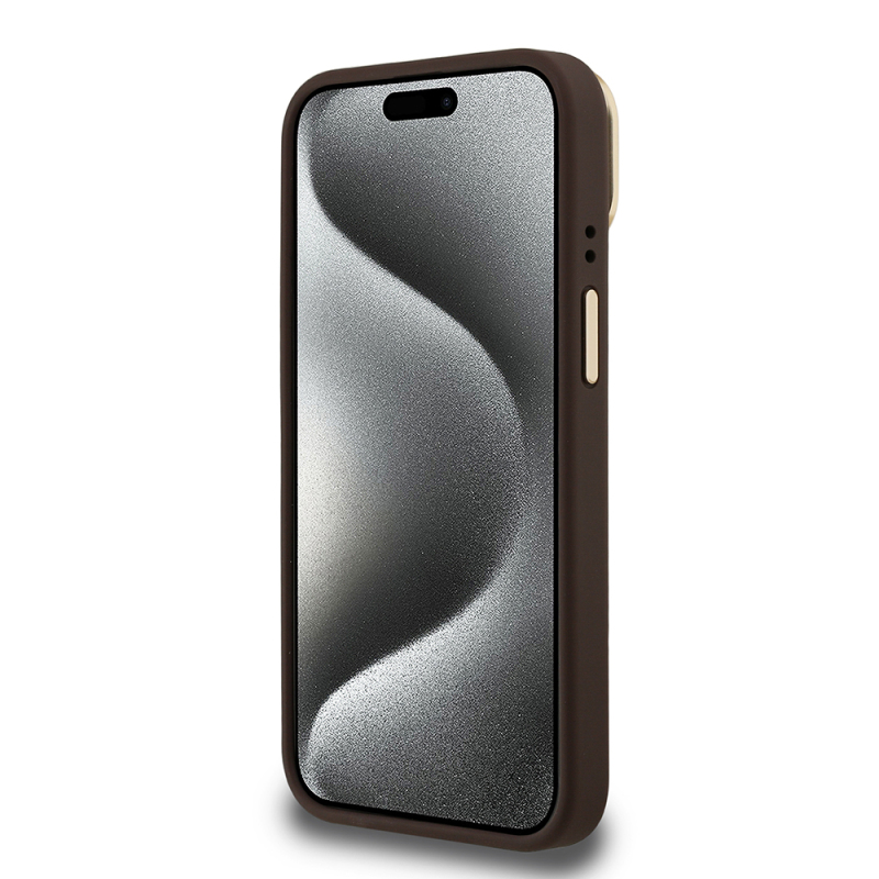 Apple iPhone 15 Kılıf Guess Orjinal Lisanslı PU Deri Taşlı Üçgen Logo 4G Desenli Kamera Standlı Kapak - 22