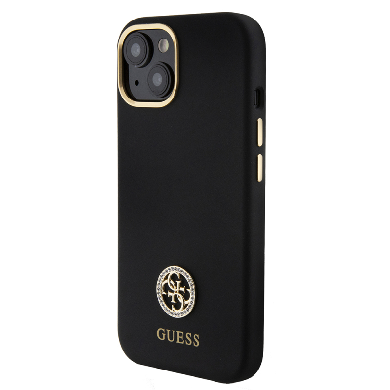 Apple iPhone 15 Kılıf Guess Orjinal Lisanslı Yazı ve Taşlı 4G Logolu Metal Kamera Çerçeveli Silikon Kapak - 3