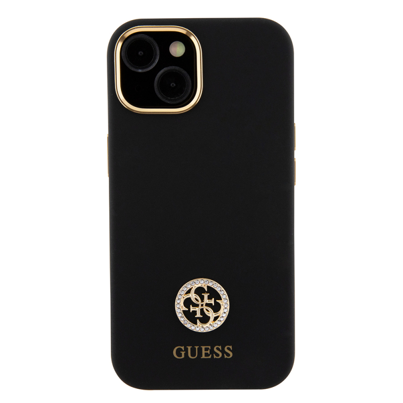 Apple iPhone 15 Kılıf Guess Orjinal Lisanslı Yazı ve Taşlı 4G Logolu Metal Kamera Çerçeveli Silikon Kapak - 4