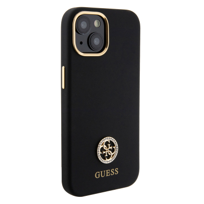 Apple iPhone 15 Kılıf Guess Orjinal Lisanslı Yazı ve Taşlı 4G Logolu Metal Kamera Çerçeveli Silikon Kapak - 5