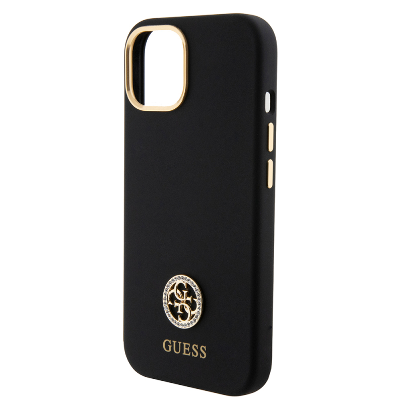 Apple iPhone 15 Kılıf Guess Orjinal Lisanslı Yazı ve Taşlı 4G Logolu Metal Kamera Çerçeveli Silikon Kapak - 7