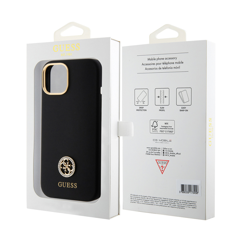 Apple iPhone 15 Kılıf Guess Orjinal Lisanslı Yazı ve Taşlı 4G Logolu Metal Kamera Çerçeveli Silikon Kapak - 9