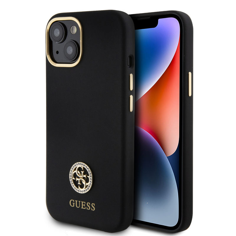 Apple iPhone 15 Kılıf Guess Orjinal Lisanslı Yazı ve Taşlı 4G Logolu Metal Kamera Çerçeveli Silikon Kapak - 2