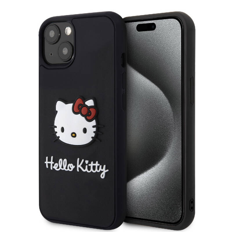 Apple iPhone 15 Kılıf Hello Kitty Orjinal Lisanslı Yazı ve İkonik Logolu 3D Rubber Kitty Head Kapak - 1