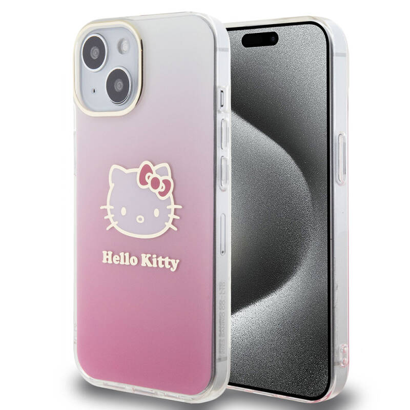 Apple iPhone 15 Kılıf Hello Kitty Orjinal Lisanslı Yazı ve İkonik Logolu Elektroplating Kaplama Gradyan Kapak - 1
