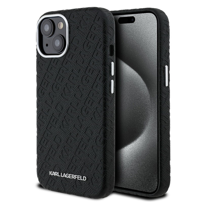 Apple iPhone 15 Kılıf Karl Lagerfeld Orjinal Lisanslı PU Deri Damgalı Metal Yazı Logolu Kapak - 1