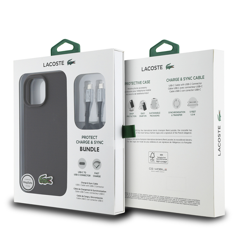 Apple iPhone 15 Kılıf Lacoste Orjinal Lisanslı PU Pike Desenli Arka Yüzey İkonik Timsah Dokuma Logolu Kapak + Type-C Kablo 1.5m - 9