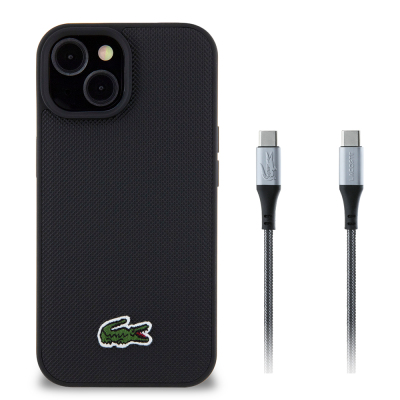 Apple iPhone 15 Kılıf Lacoste Orjinal Lisanslı PU Pike Desenli Arka Yüzey İkonik Timsah Dokuma Logolu Kapak + Type-C Kablo 1.5m - 2