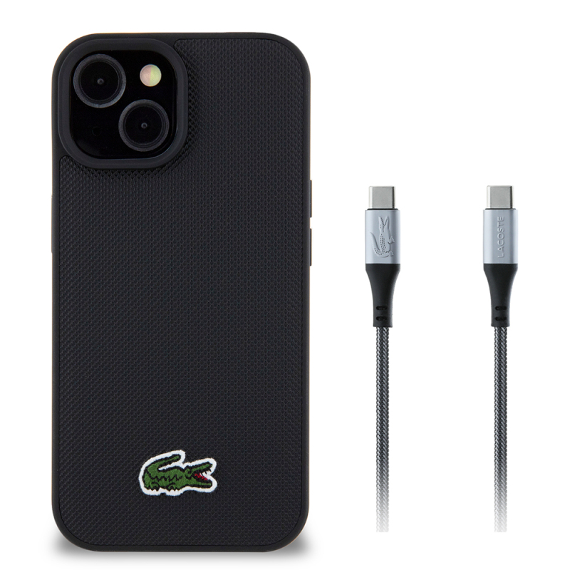 Apple iPhone 15 Kılıf Lacoste Orjinal Lisanslı PU Pike Desenli Arka Yüzey İkonik Timsah Dokuma Logolu Kapak + Type-C Kablo 1.5m - 2