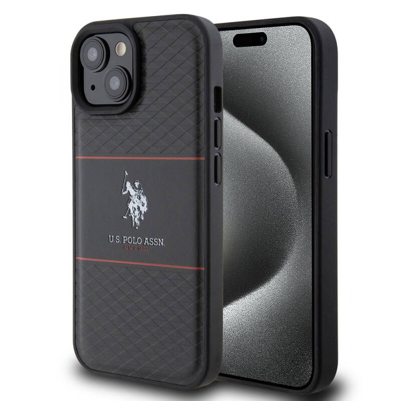 Apple iPhone 15 Kılıf U.S. Polo Assn. Orjinal Lisanslı Deri Şeritli Logo Dizayn Kapak - 16