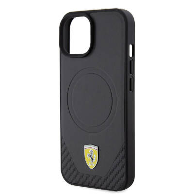 Apple iPhone 15 Plus Case Ferrari Original Licensed PU Carbon Metal Logo Magsafe Charge Feature Cover - 14