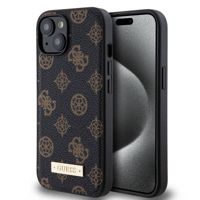 Apple iPhone 15 Plus Case Guess Magsafe Charging Featured PU Leather Patterned Metal Plate Logo Cover - 9