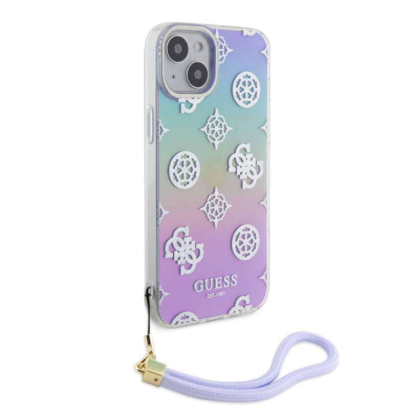 Apple iPhone 15 Plus Case Guess Original Licensed Patterned Text Logo Holographic Glitter Peony Cover with Strap String - 1