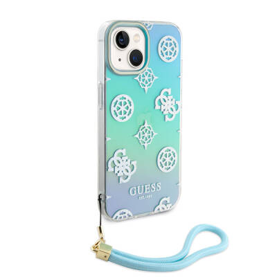 Apple iPhone 15 Plus Case Guess Original Licensed Patterned Text Logo Holographic Glitter Peony Cover with Strap String - 10