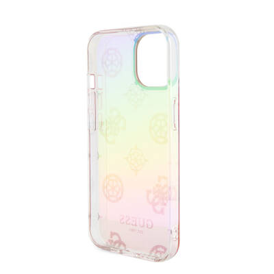 Apple iPhone 15 Plus Case Guess Original Licensed Patterned Text Logo Holographic Glitter Peony Cover with Strap String - 20