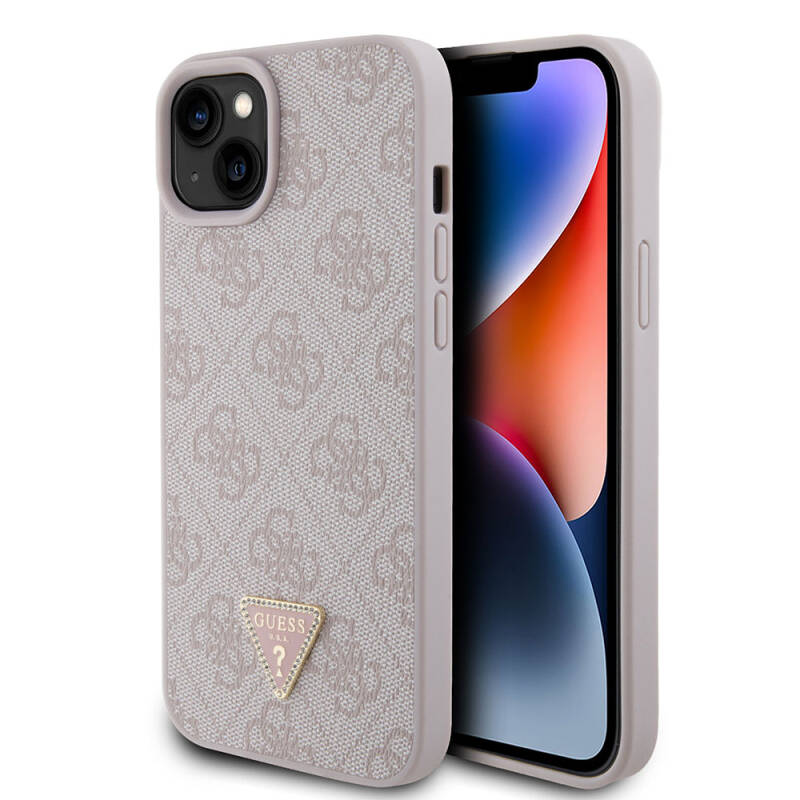 Apple iPhone 15 Plus Case Guess Original Licensed PU Leather Stoned Triangle Logo 4G Patterned Cover - 1