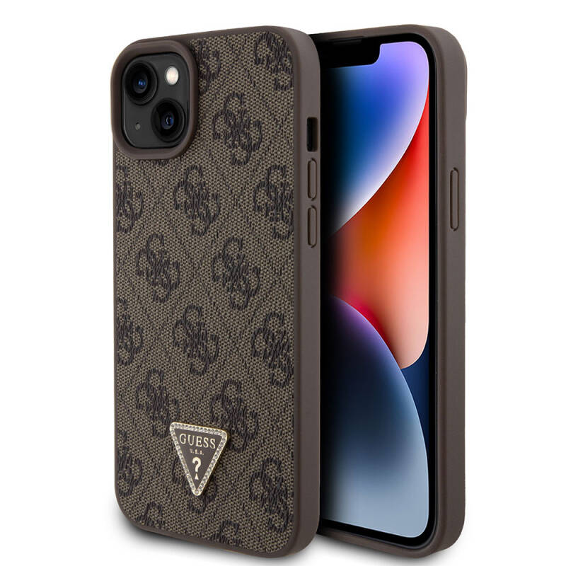 Apple iPhone 15 Plus Case Guess Original Licensed PU Leather Stoned Triangle Logo 4G Patterned Strass Cover - 1