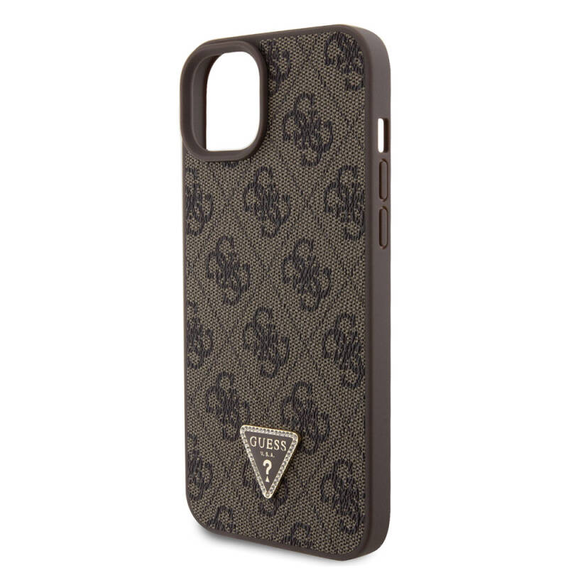 Apple iPhone 15 Plus Case Guess Original Licensed PU Leather Stoned Triangle Logo 4G Patterned Strass Cover - 5