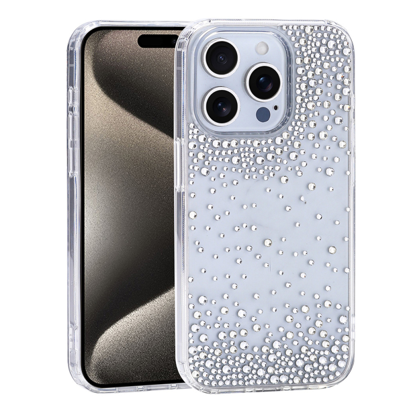 Apple iPhone 15 Pro Case Airbag Design Drop Stone Embellished Transparent Zore Pera Silicone Cover - 1