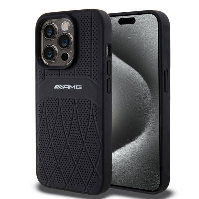 Apple iPhone 15 Pro Case AMG Original Licensed Magsafe Charging Feature Perforated Leather Curved Striped Cover - 1