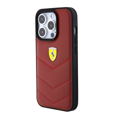 Apple iPhone 15 Pro Case Ferrari Original Licensed Leather Stitched Back Cover with Metal Logo Design - 4