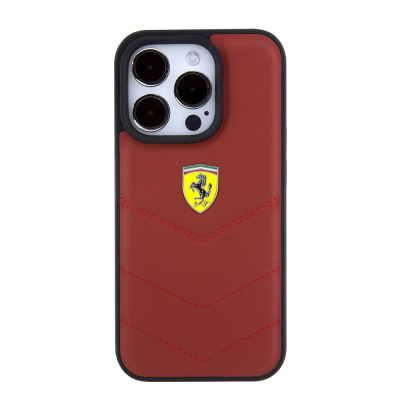 Apple iPhone 15 Pro Case Ferrari Original Licensed Leather Stitched Back Cover with Metal Logo Design - 5