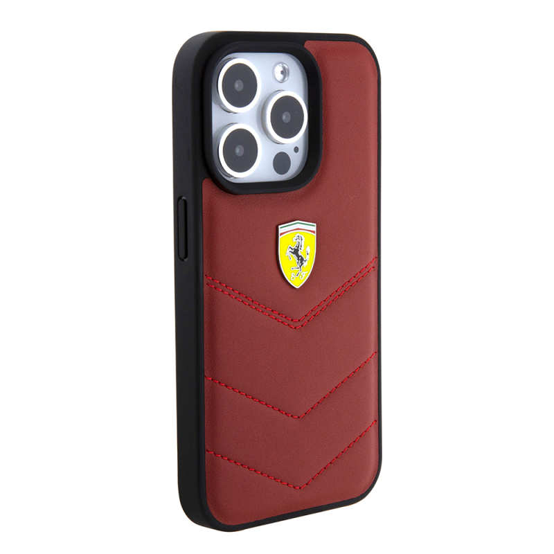 Apple iPhone 15 Pro Case Ferrari Original Licensed Leather Stitched Back Cover with Metal Logo Design - 6