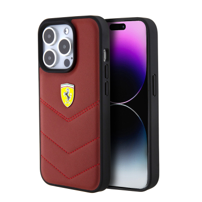 Apple iPhone 15 Pro Case Ferrari Original Licensed Leather Stitched Back Cover with Metal Logo Design - 3