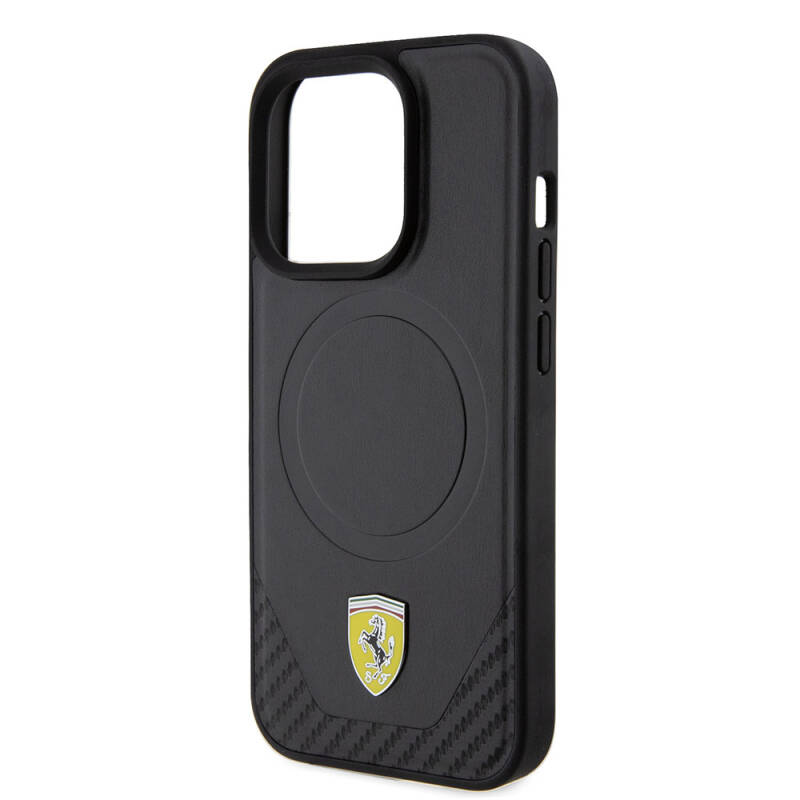 Apple iPhone 15 Pro Case Ferrari Original Licensed PU Carbon Metal Logo Magsafe Charge Feature Cover - 6