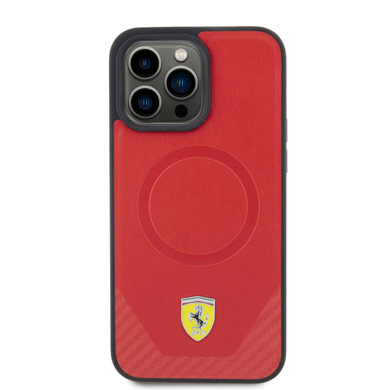 Apple iPhone 15 Pro Case Ferrari Original Licensed PU Carbon Metal Logo Magsafe Charge Feature Cover - 11