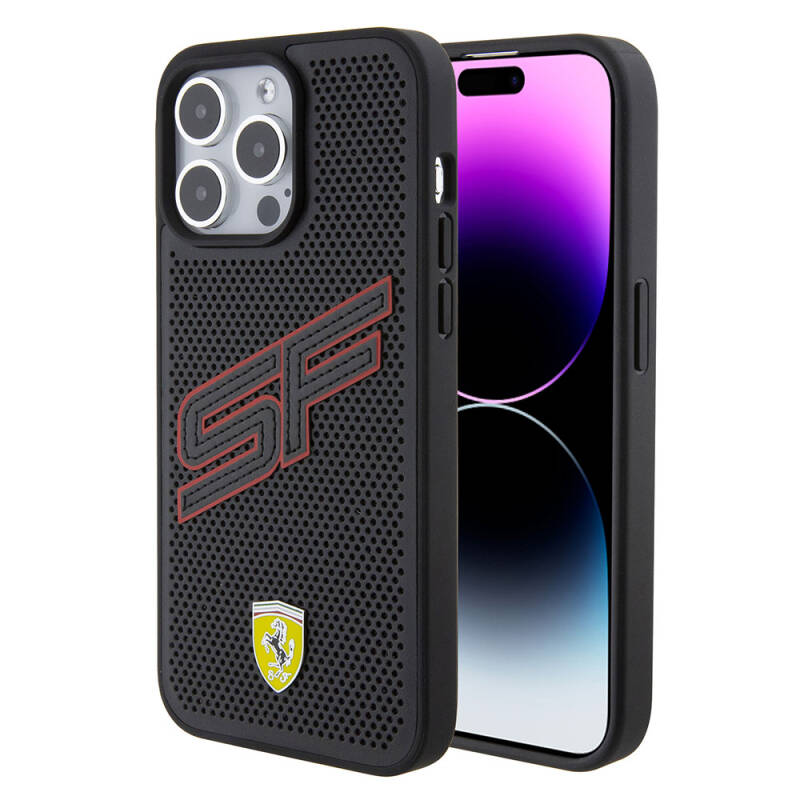  Apple iPhone 15 Pro Case Ferrari Original Licensed PU Perforated Back Surface Metal Logo Stitched Large SF Lettering Cover - 1