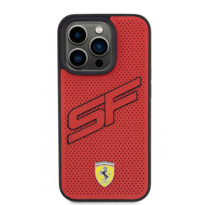  Apple iPhone 15 Pro Case Ferrari Original Licensed PU Perforated Back Surface Metal Logo Stitched Large SF Lettering Cover - 11