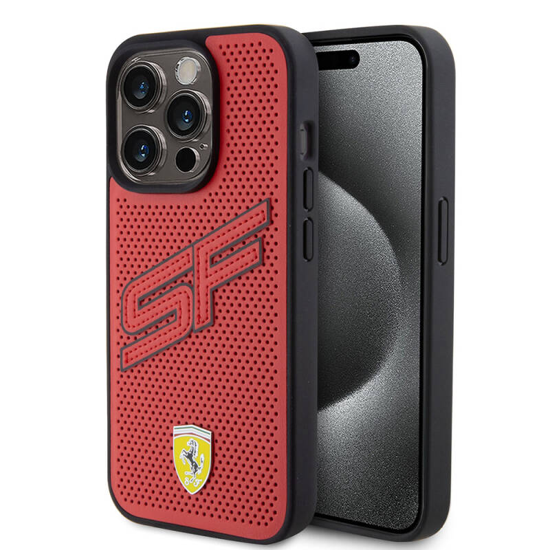  Apple iPhone 15 Pro Case Ferrari Original Licensed PU Perforated Back Surface Metal Logo Stitched Large SF Lettering Cover - 17