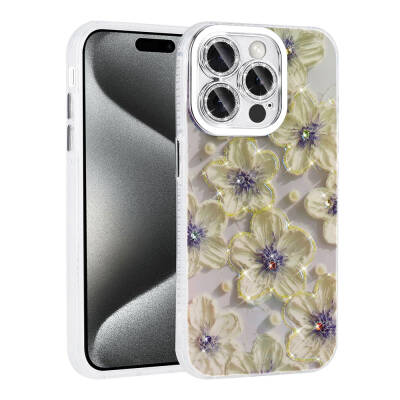 Apple iPhone 15 Pro Case Flower Patterned Shiny Stone Hard Silicone Zore Garden Cover - 2