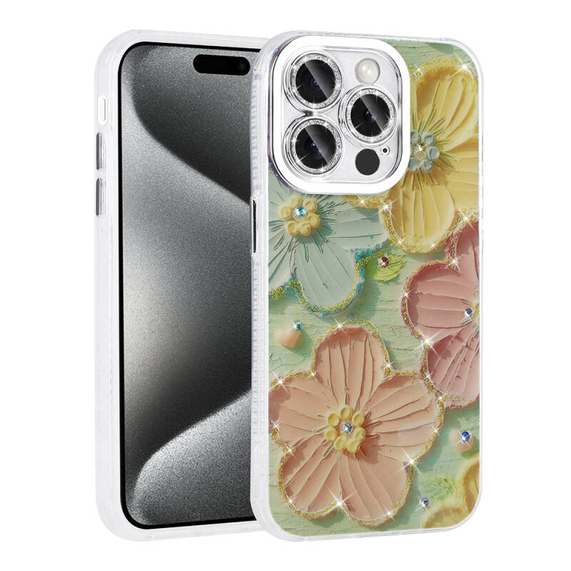Apple iPhone 15 Pro Case Flower Patterned Shiny Stone Hard Silicone Zore Garden Cover - 4