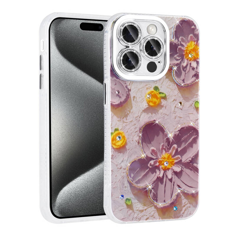 Apple iPhone 15 Pro Case Flower Patterned Shiny Stone Hard Silicone Zore Garden Cover - 3