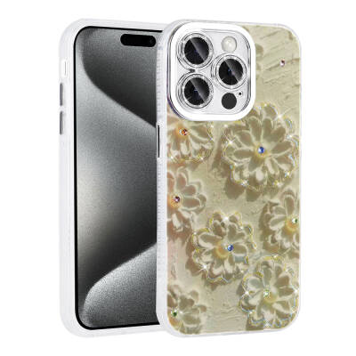 Apple iPhone 15 Pro Case Flower Patterned Shiny Stone Hard Silicone Zore Garden Cover - 5