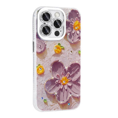 Apple iPhone 15 Pro Case Flower Patterned Shiny Stone Hard Silicone Zore Garden Cover - 6