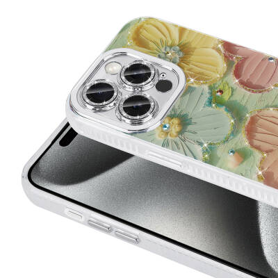Apple iPhone 15 Pro Case Flower Patterned Shiny Stone Hard Silicone Zore Garden Cover - 9