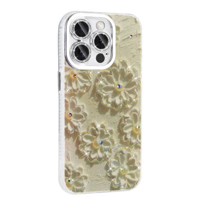 Apple iPhone 15 Pro Case Flower Patterned Shiny Stone Hard Silicone Zore Garden Cover - 13